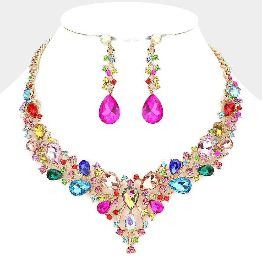 Gold Teardrop Round Stone Cluster Evening Necklace - Jewelry Store by Erik Rayo