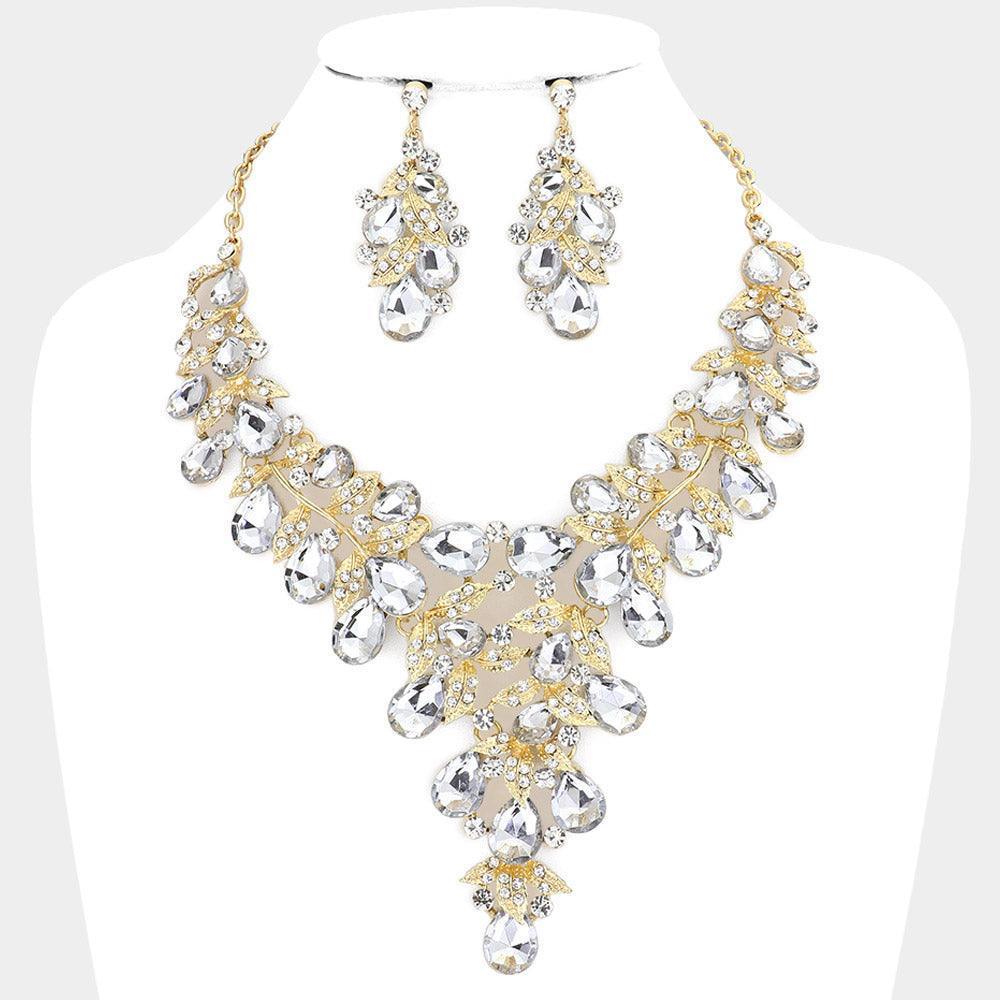 Gold Leaf Teardrop Stone Cluster Statement Evening Necklace - Jewelry Store by Erik Rayo