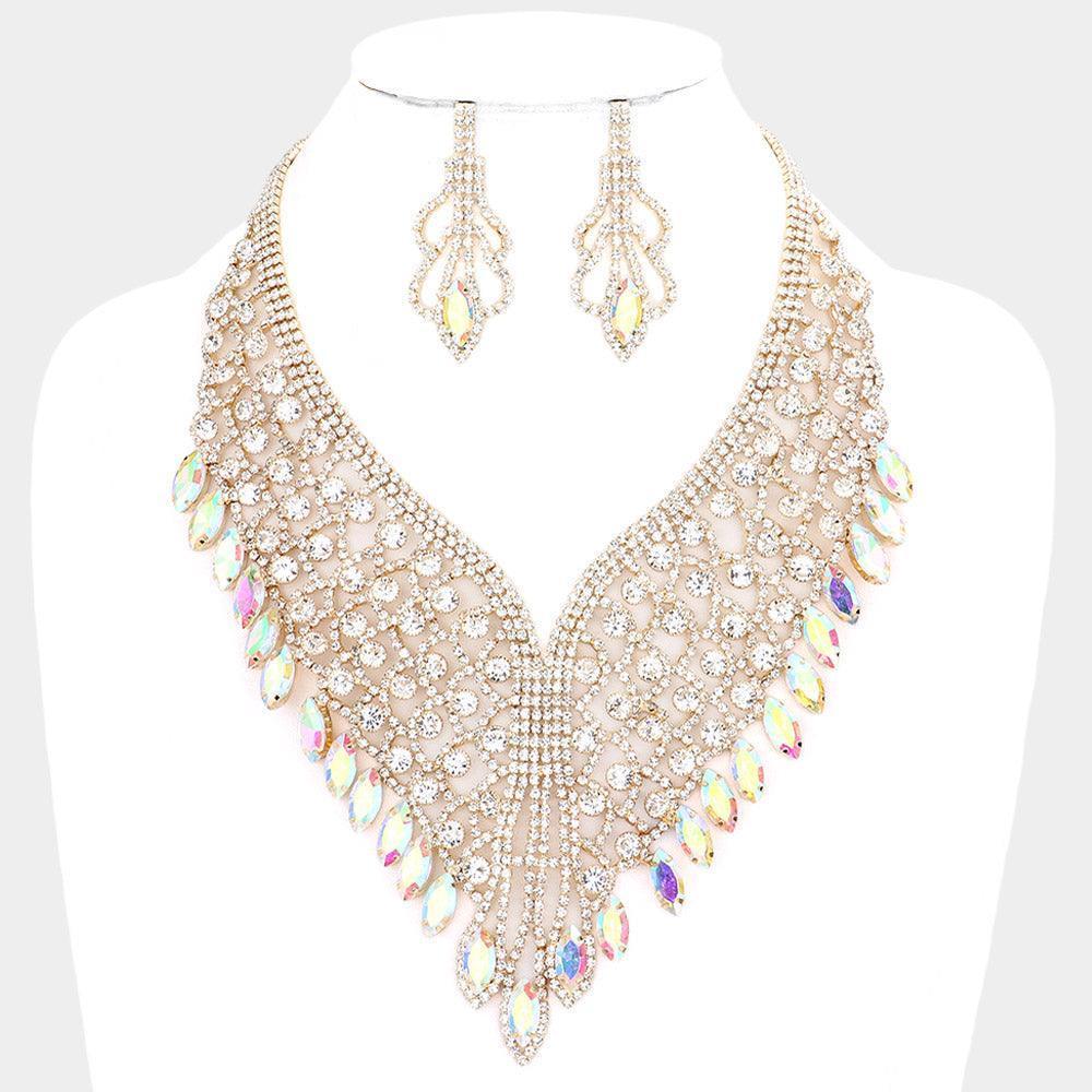 Gold Round Marquise Stone Cluster Evening Bib Necklace - Jewelry Store by Erik Rayo