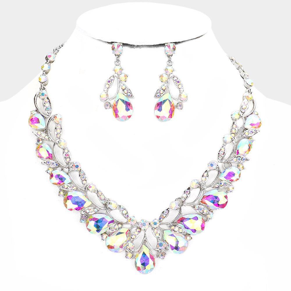 Teardrop Accented Stone Embellished Leaf Evening Necklace - Jewelry Store by Erik Rayo