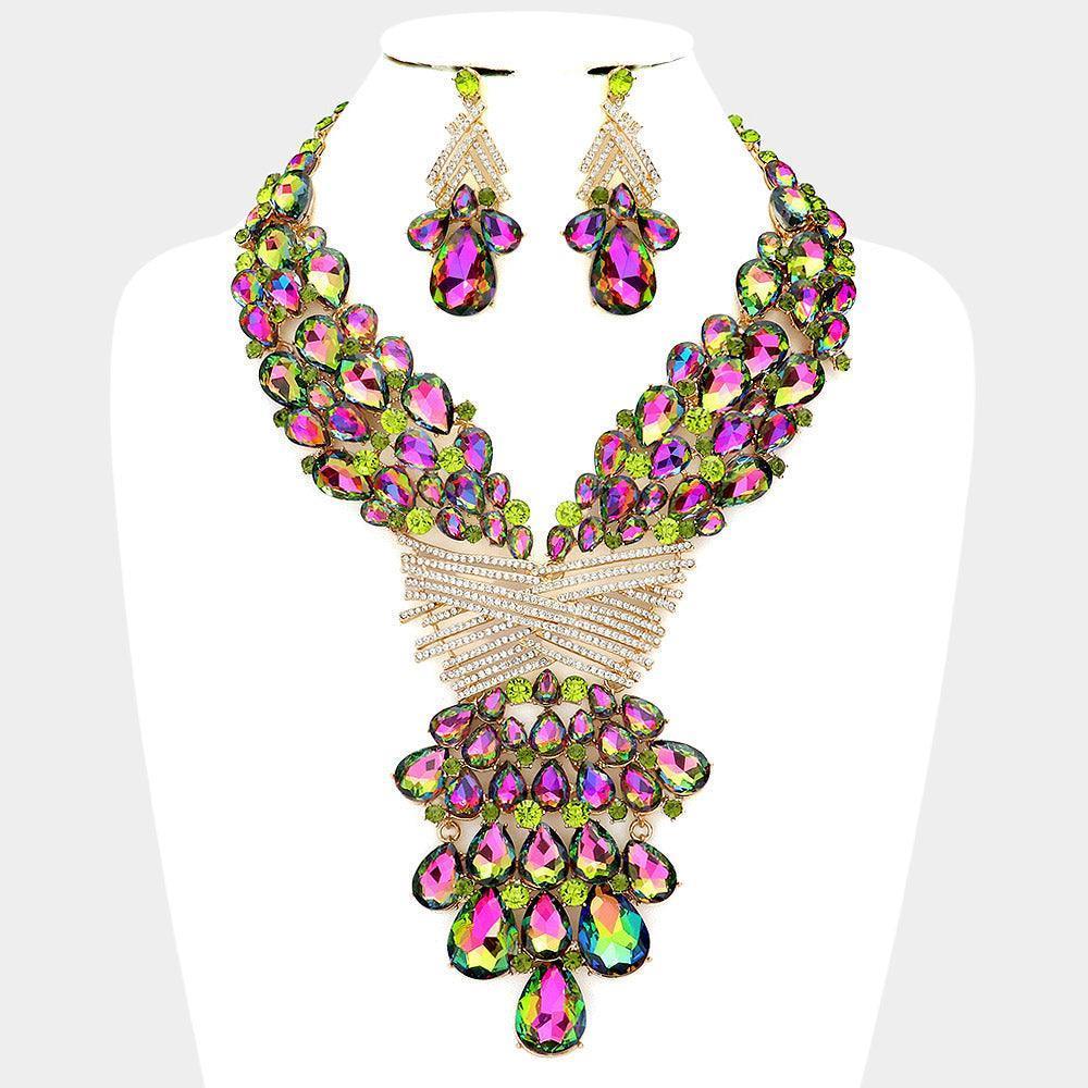 Gold Teardrop Round Stone Embellished Statement Evening Necklace - Jewelry Store by Erik Rayo