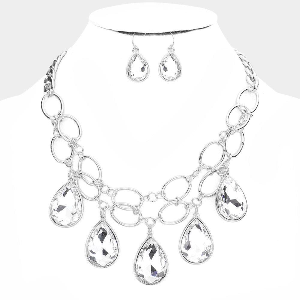 Teardrop Stone Accented Open Metal Oval Link Evening Necklace - Jewelry Store by Erik Rayo