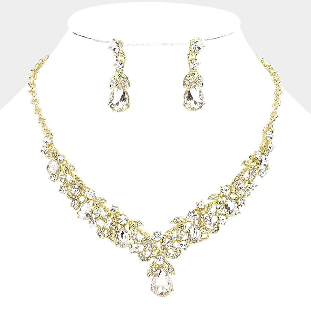 Gold Teardrop Stone Accented Leaf Cluster Evening Necklace - Jewelry Store by Erik Rayo