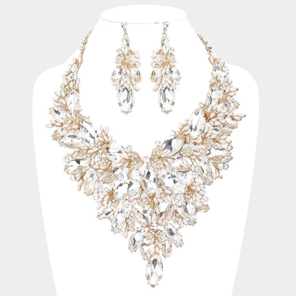 Gold Marquise Stone Cluster Leaf Evening Necklace - Jewelry Store by Erik Rayo