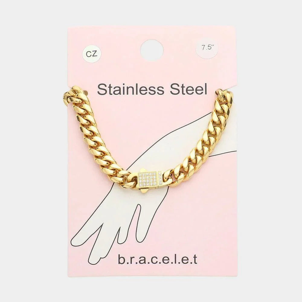 Gold Stainless Steel CZ Embellished Metal Chain Link Bracelet - Jewelry Store by Erik Rayo