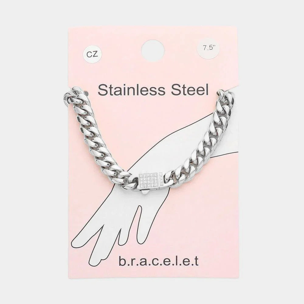 Stainless Steel CZ Embellished Metal Chain Link Bracelet - Jewelry Store by Erik Rayo