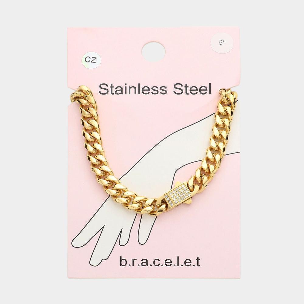 Gold Stainless Steel CZ Embellished Metal Chain Link Bracelet - Jewelry Store by Erik Rayo