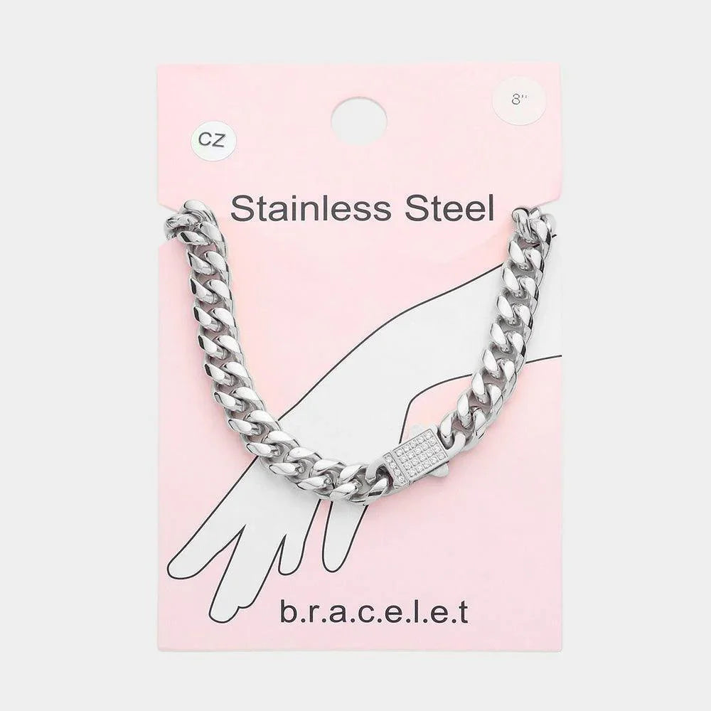 Stainless Steel CZ Embellished Metal Chain Link Bracelet - Jewelry Store by Erik Rayo