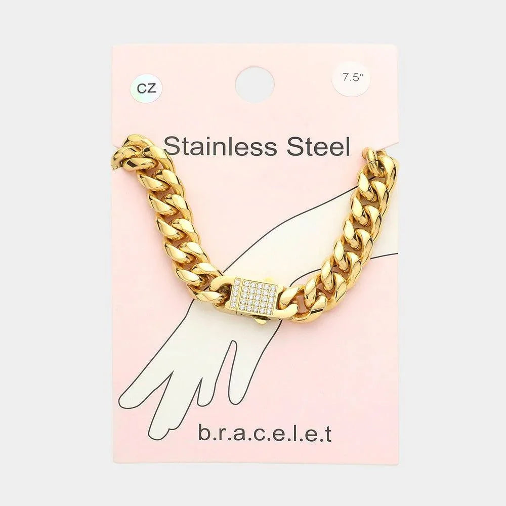 Gold Stainless Steel CZ Embellished Metal Chain Link Bracelet - Jewelry Store by Erik Rayo