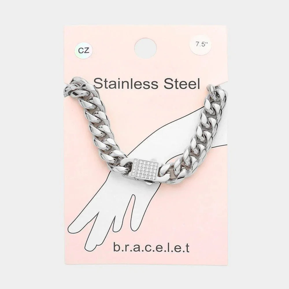 Stainless Steel CZ Embellished Metal Chain Link Bracelet - Jewelry Store by Erik Rayo