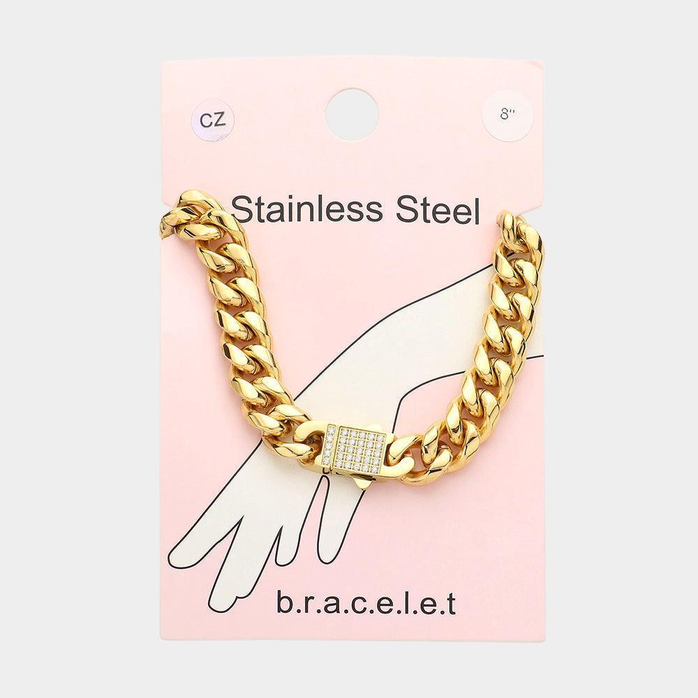Gold Stainless Steel CZ Embellished Metal Chain Link Bracelet - Jewelry Store by Erik Rayo