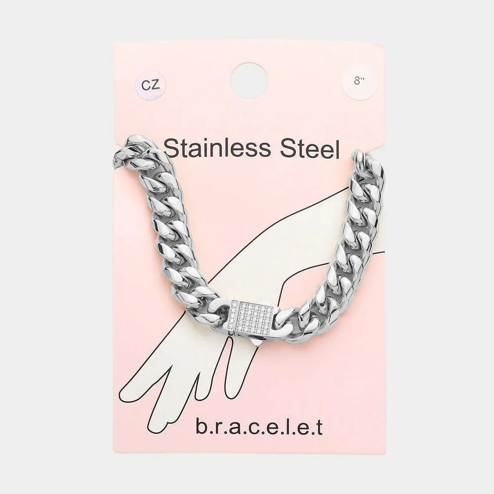 Stainless Steel CZ Embellished Metal Chain Link Bracelet - Jewelry Store by Erik Rayo