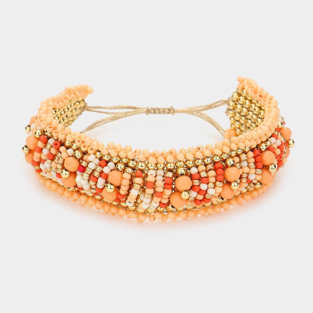 Peach Boho Metal Ball Seed Beaded Pull Tie Cinch Bracelet - Jewelry Store by Erik Rayo