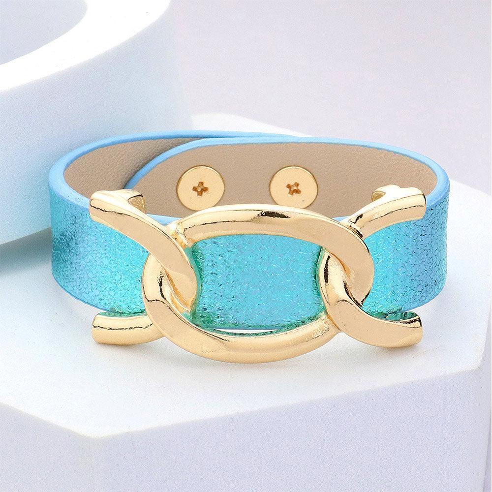 Turquoise Faux Sparkle Leather Metal Link Accented Snap Bracelet - Jewelry Store by Erik Rayo