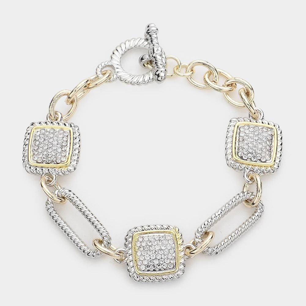 Two Tone Rhinestone Embellihsed Square Link Toggle Bracelet - Jewelry Store by Erik Rayo