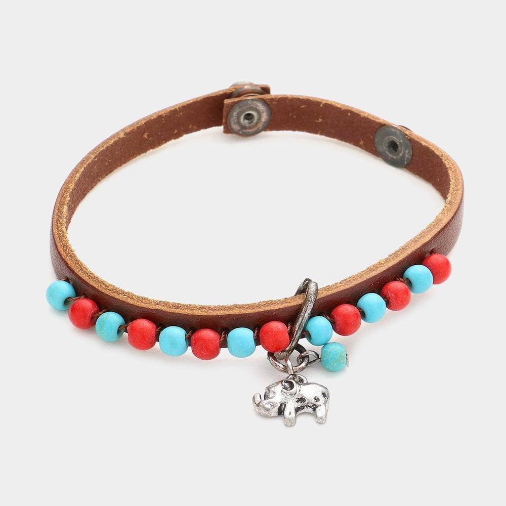 Turquoise Elephant Charm Faux Leather Bracelet - Jewelry Store by Erik Rayo