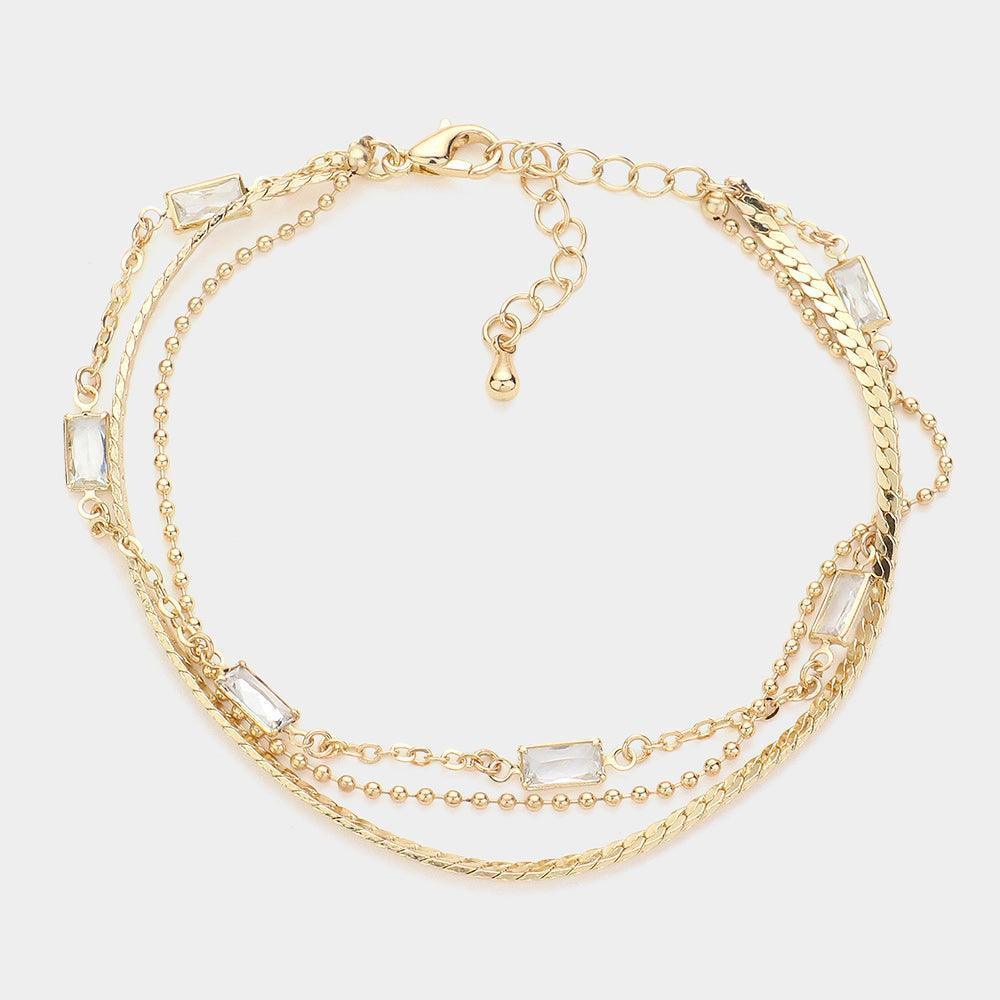 Gold Clear Baguette Stone Cluster Station Metal Chain Layered Bracelet - Jewelry Store by Erik Rayo