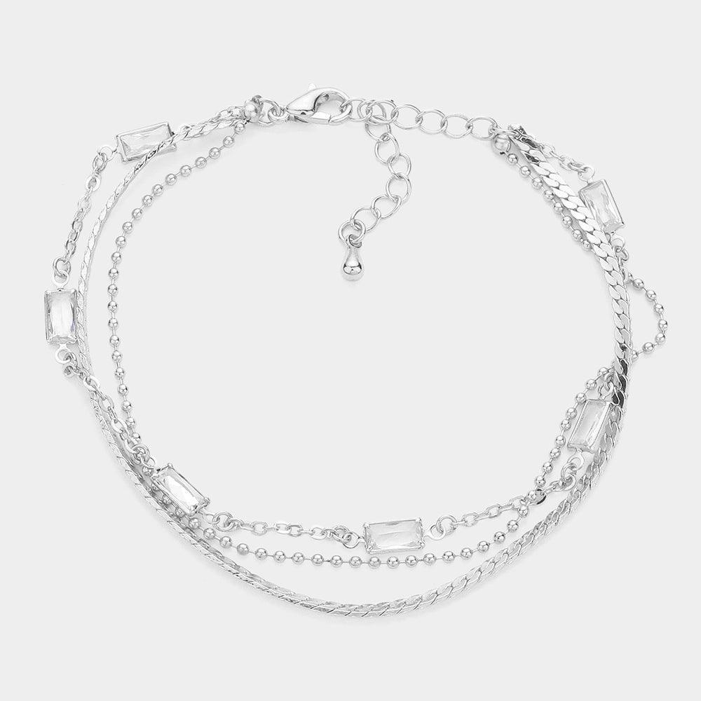 Clear Baguette Stone Cluster Station Metal Chain Layered Bracelet - Jewelry Store by Erik Rayo