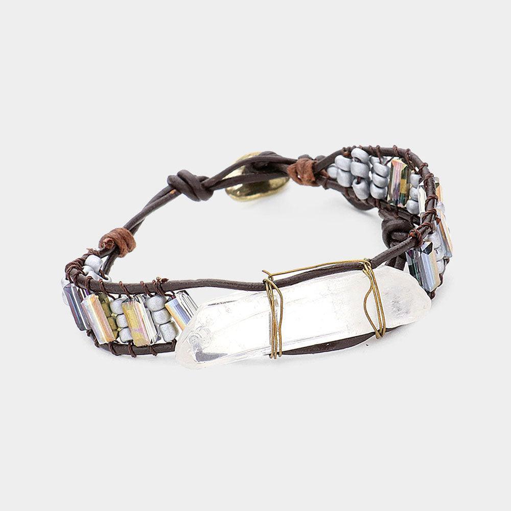 Silver Natural Stone Beaded Faux Leather Bracelet - Jewelry Store by Erik Rayo