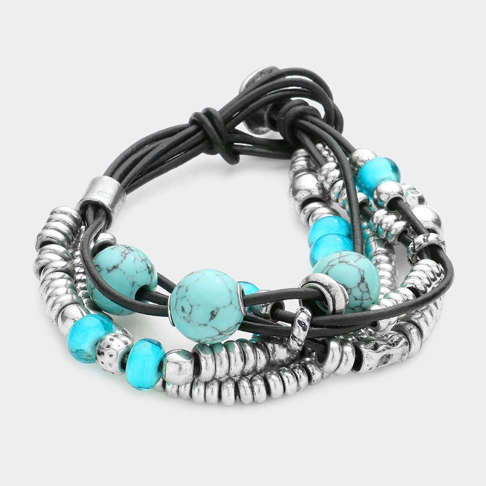 Turquoise Multi stand turquoise metal bead faux leather bracelet - Jewelry Store by Erik Rayo