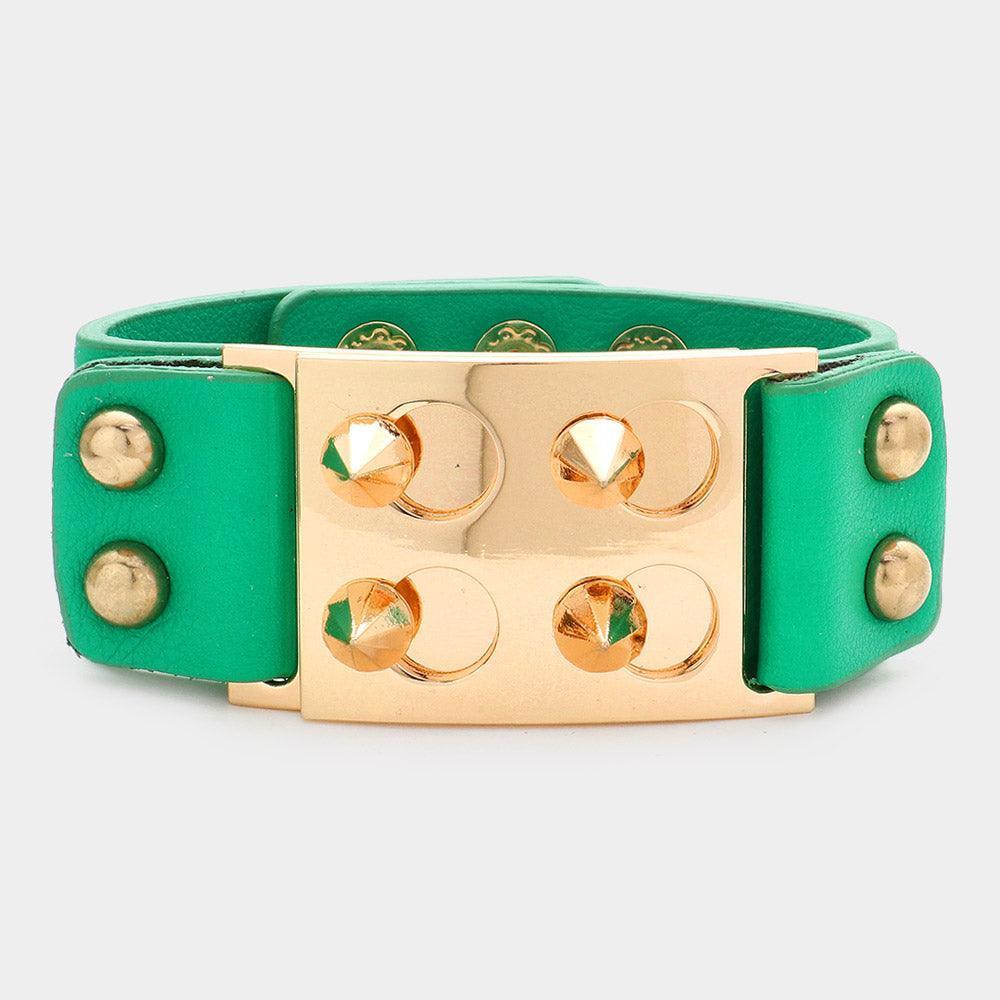 Green Spike Cone Studded Faux Leather Bracelet - Jewelry Store by Erik Rayo