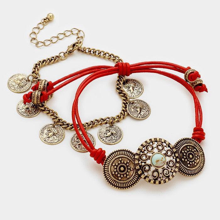Turquoise 2 PCS Antique metal & leather cinch bracelet + coin charm bracelet - Jewelry Store by Erik Rayo