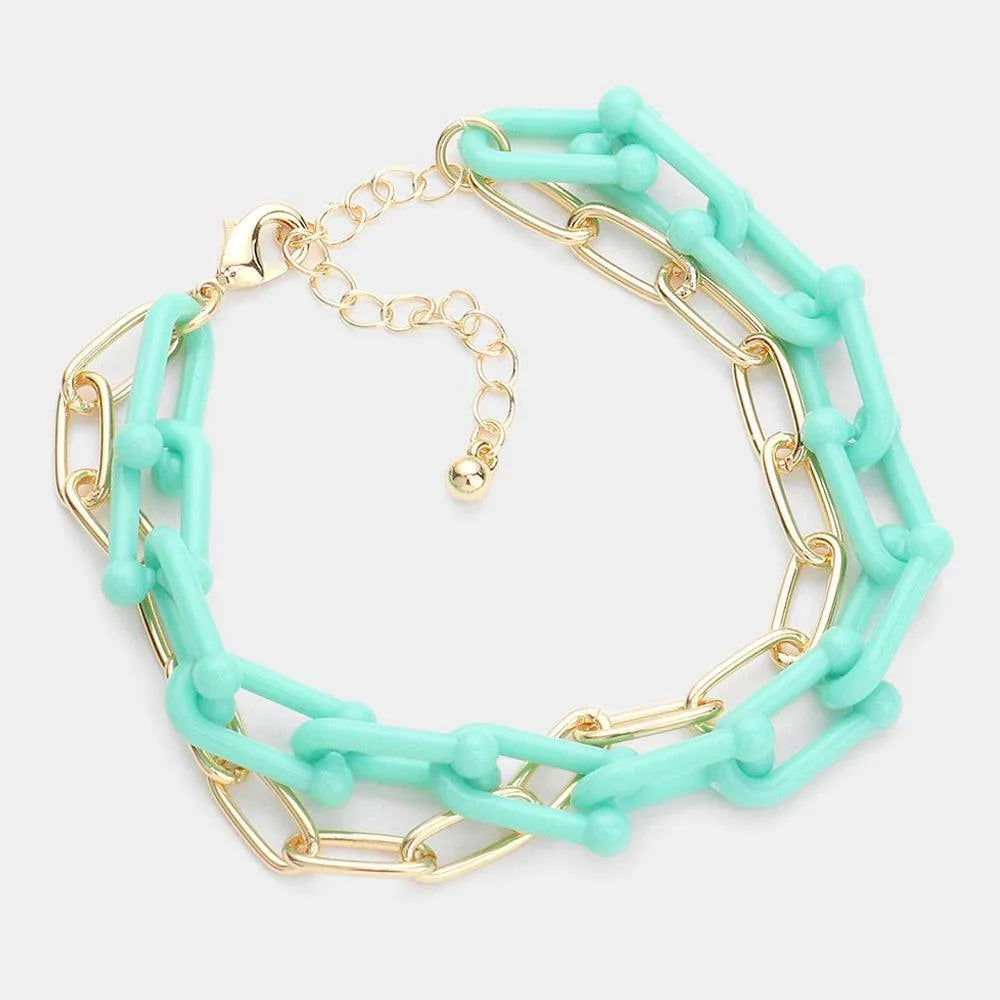 Turquoise Open Metal Oval Resin Link Double Layered Bracelet - Jewelry Store by Erik Rayo