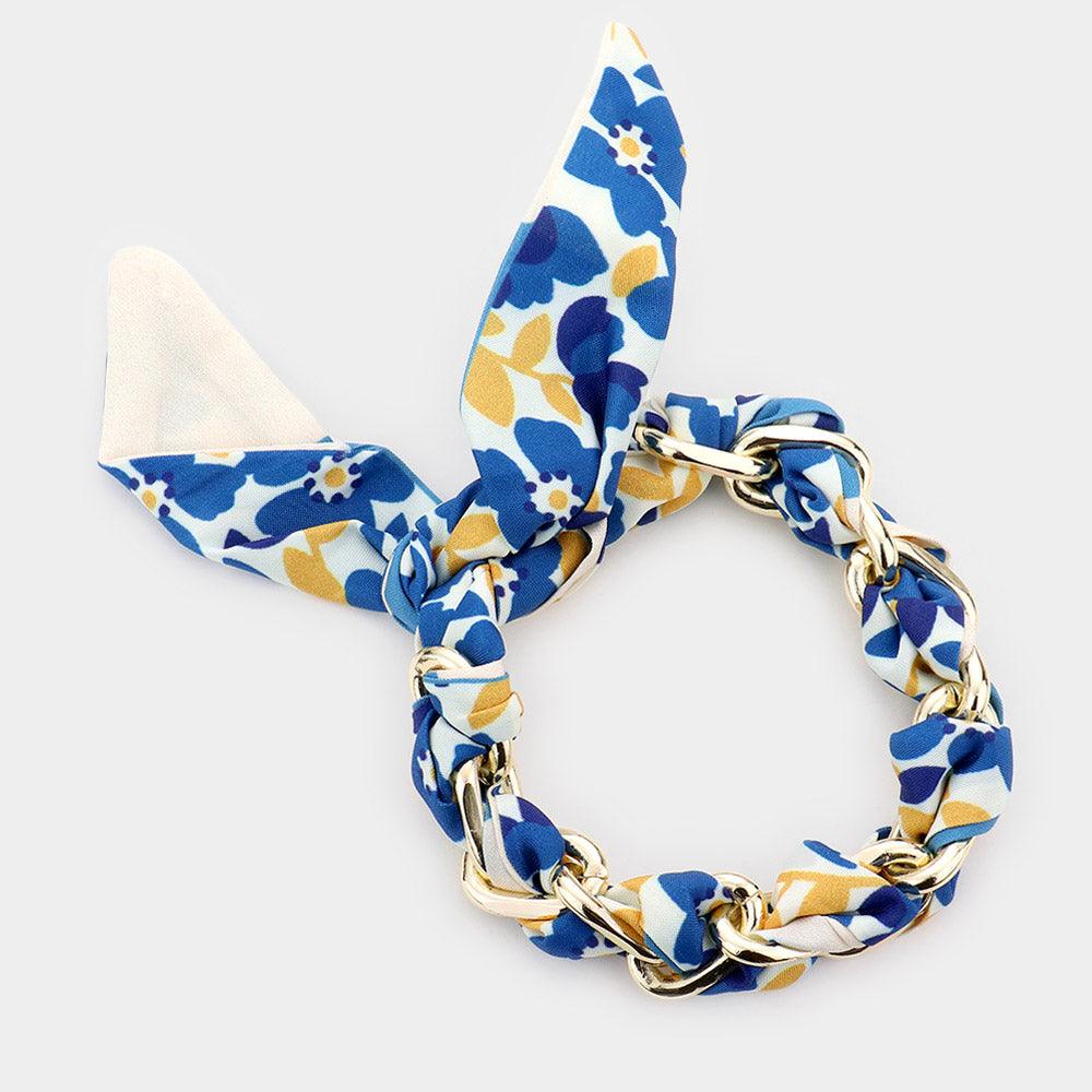 Blue Open Metal Oval Link Flower Patterned Fabric Bracelet - Jewelry Store by Erik Rayo