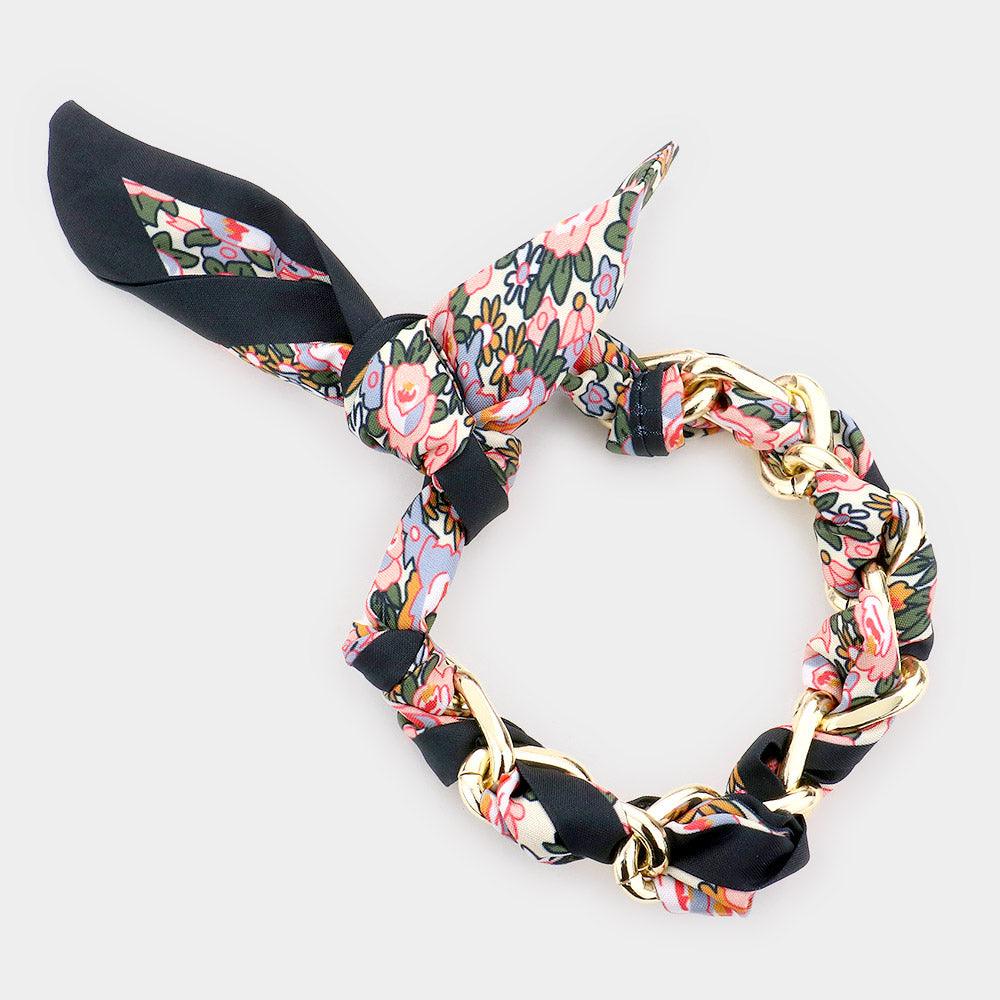Pink Open Metal Oval Link Flower Patterned Fabric Bracelet - Jewelry Store by Erik Rayo