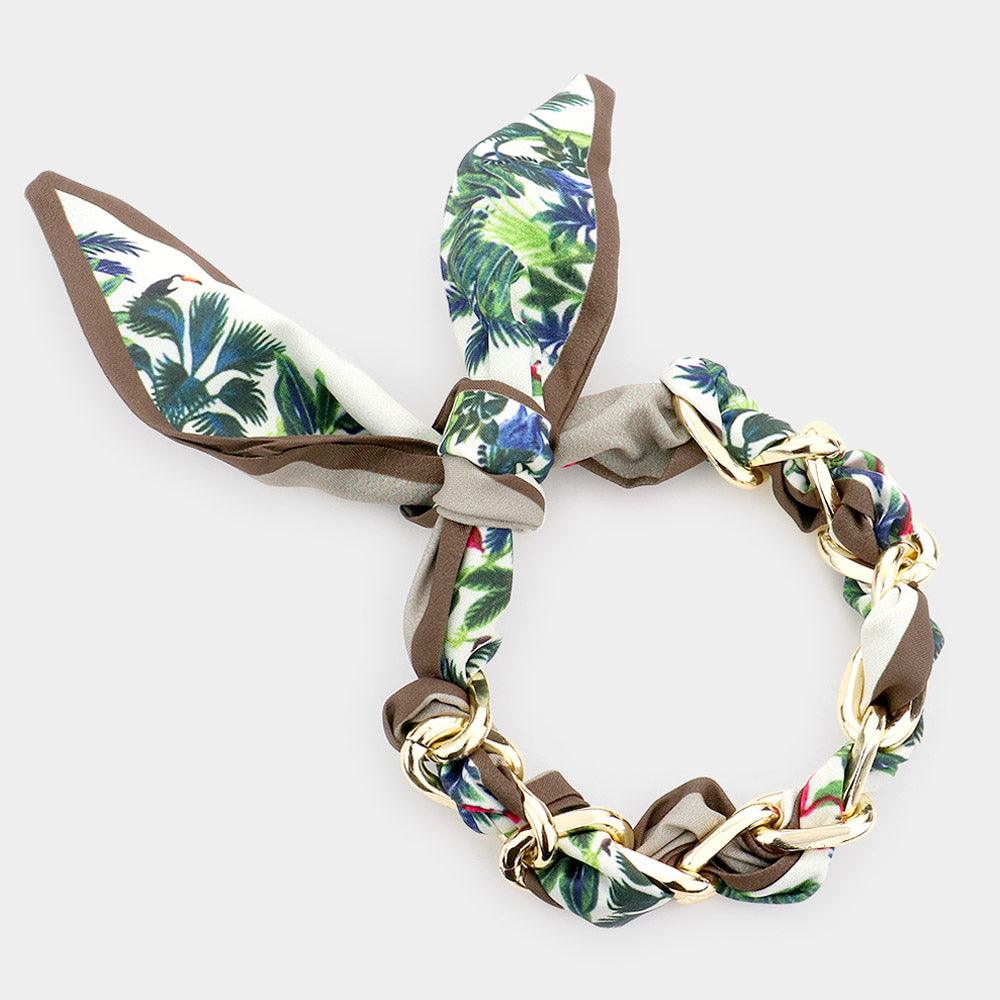 Green Open Metal Oval Link Leaf Patterned Fabric Bracelet - Jewelry Store by Erik Rayo