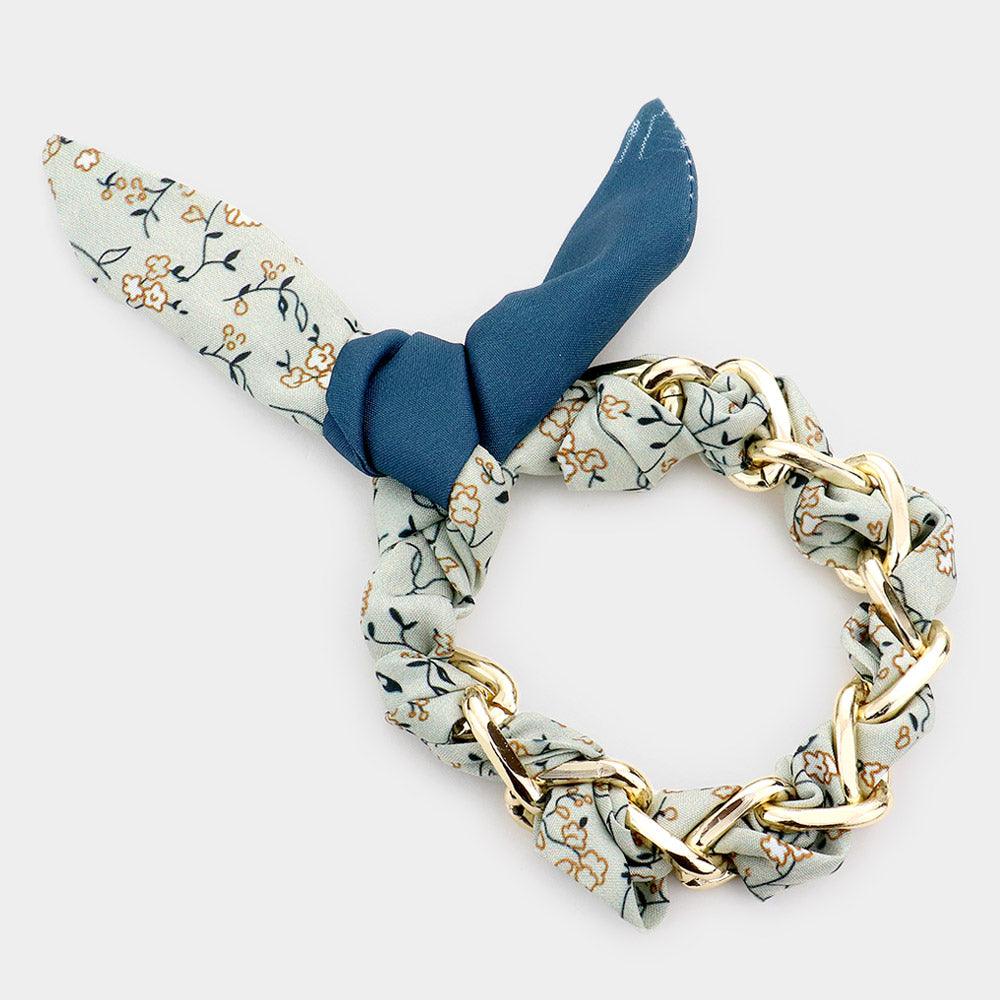 Open Metal Oval Link Leaf Patterned Fabric Bracelet - Jewelry Store by Erik Rayo