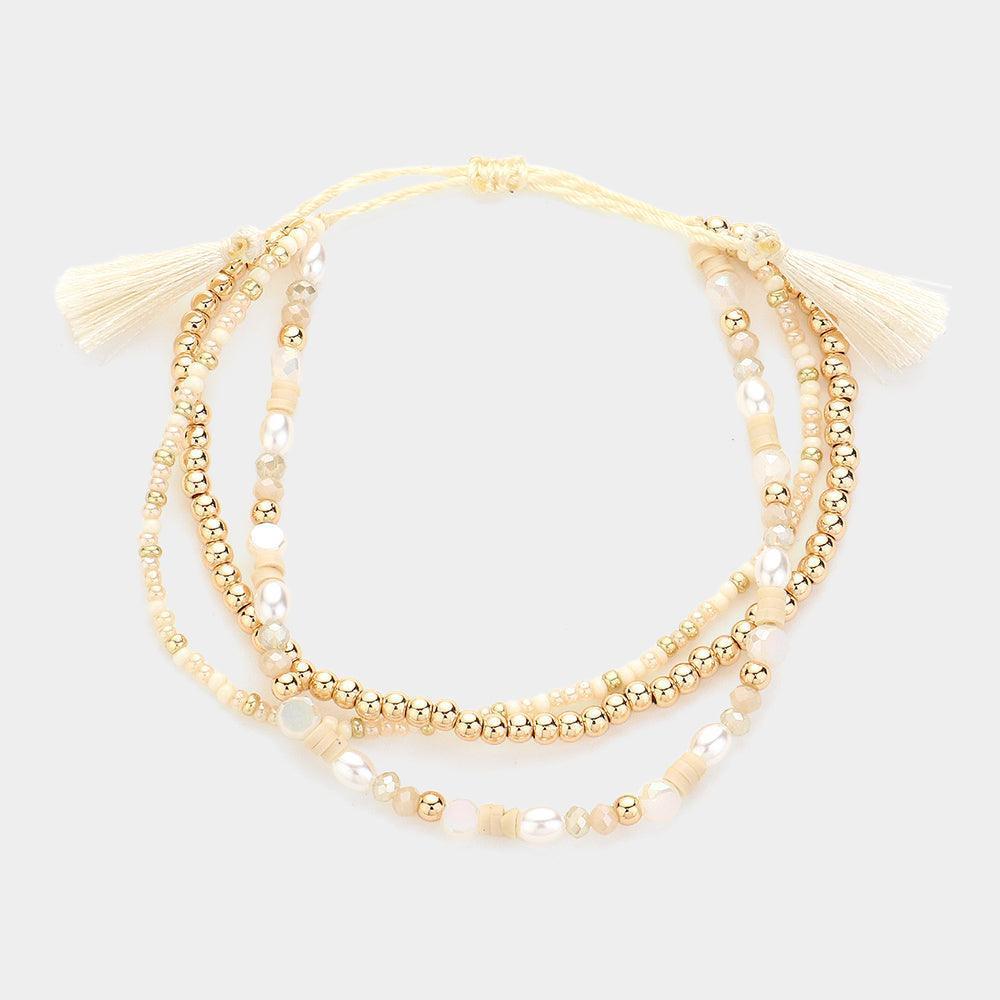 Cream Multi Beaded Triple Layered Tassel Pull Tie Cinch Bracelet - Jewelry Store by Erik Rayo