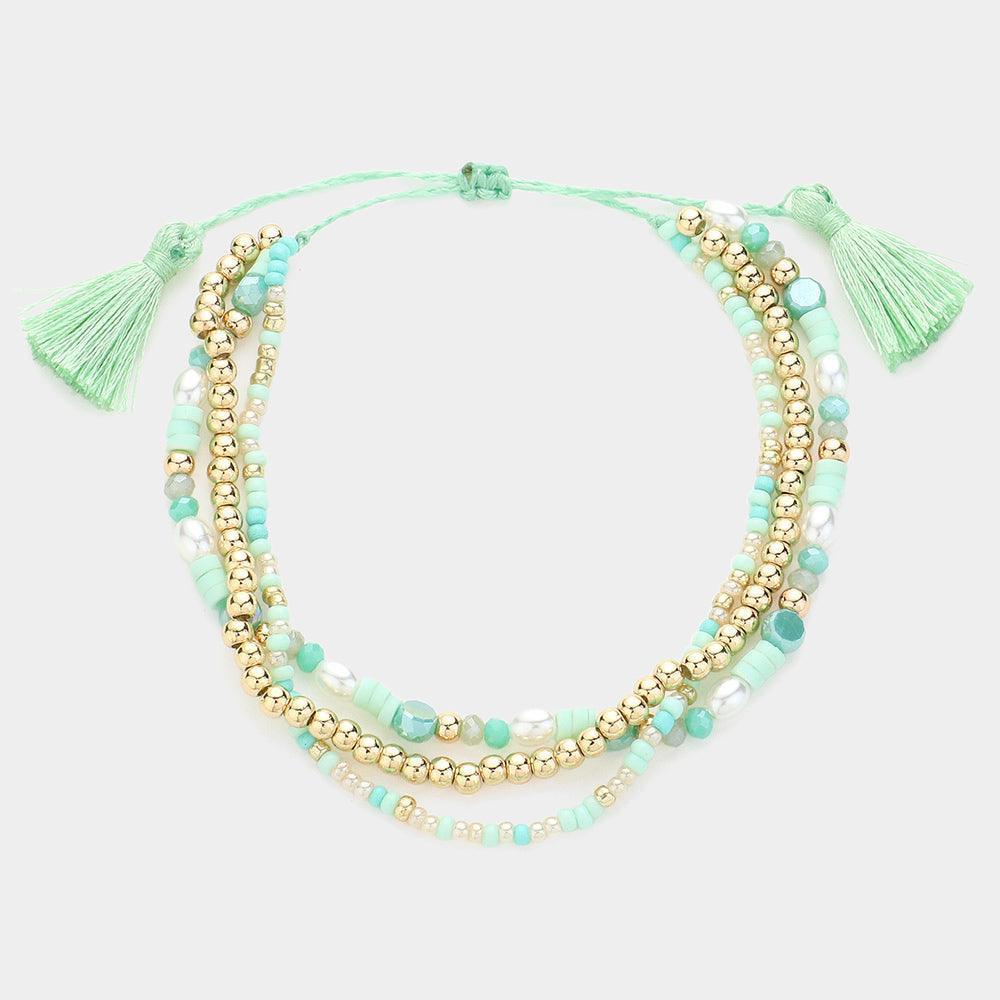 Gold Multi Beaded Triple Layered Tassel Pull Tie Cinch Bracelet - Jewelry Store by Erik Rayo