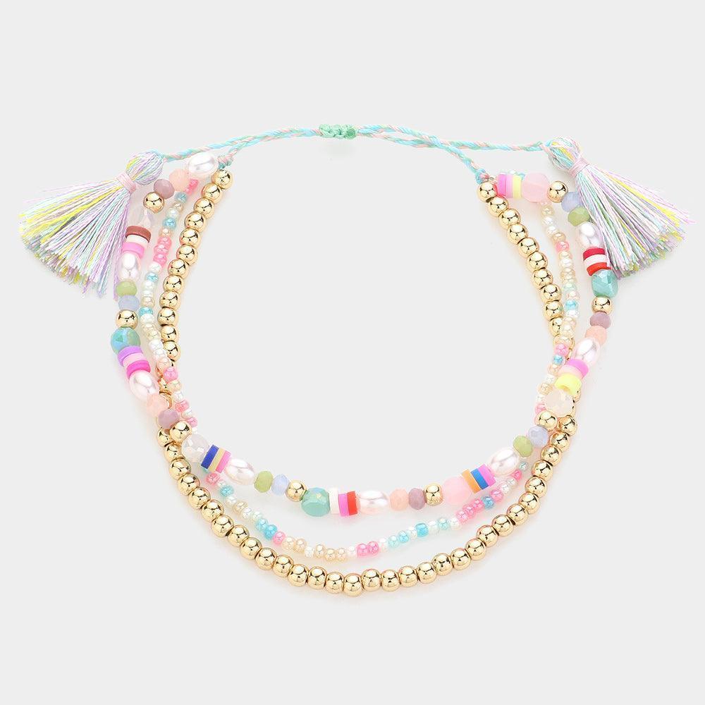 Gold Multi Beaded Triple Layered Tassel Pull Tie Cinch Bracelet - Jewelry Store by Erik Rayo