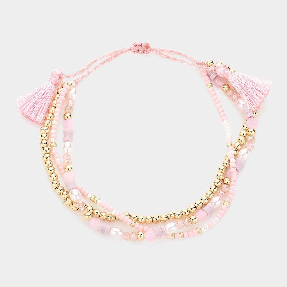 Pink Multi Beaded Triple Layered Tassel Pull Tie Cinch Bracelet - Jewelry Store by Erik Rayo