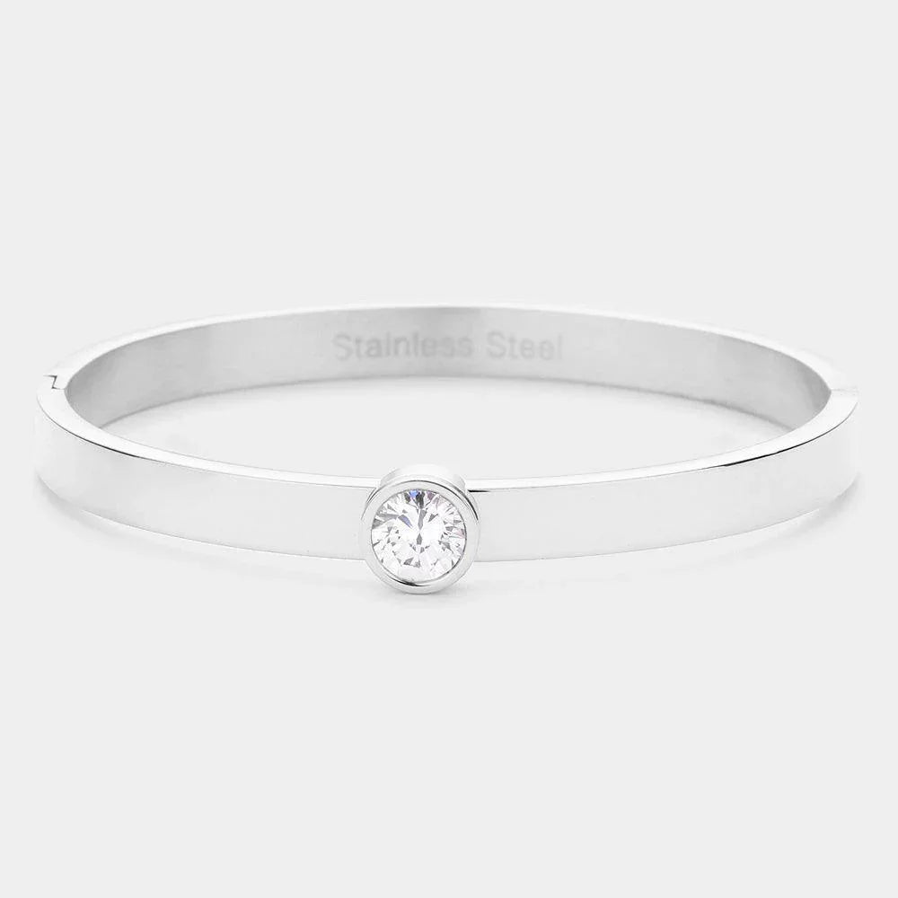 Silver Round Stone Accented Stainless Steel Bangle Bracelet - Jewelry Store by Erik Rayo