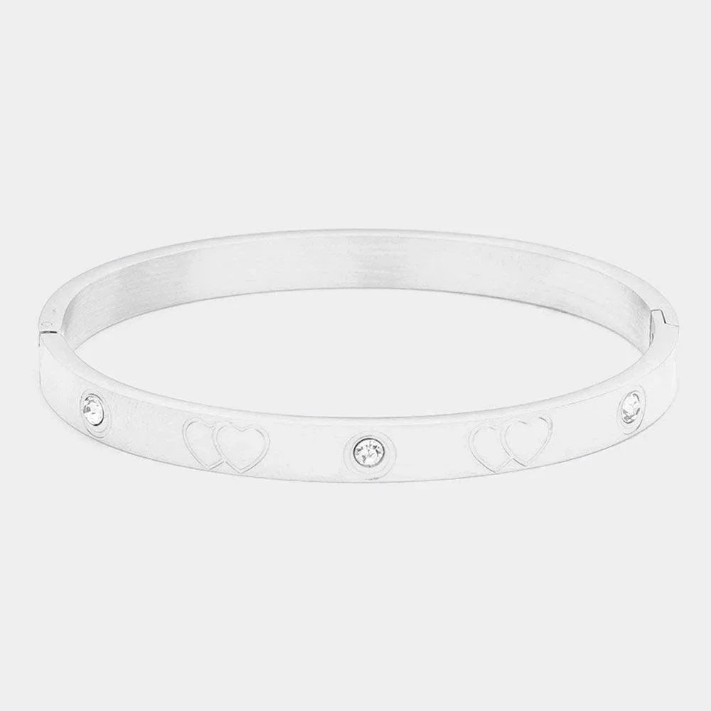 Silver Stone Embellished Heart Detailed Stainless Steel Bracelet - Jewelry Store by Erik Rayo