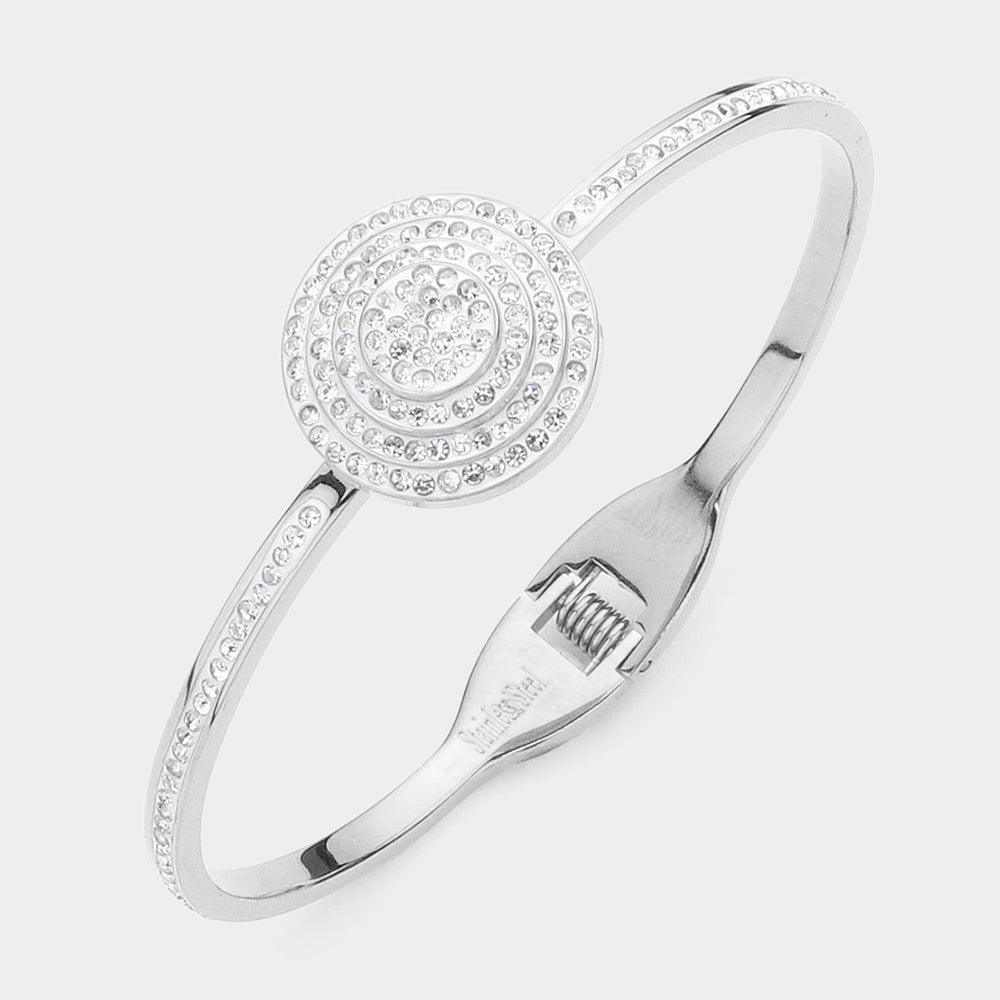 Silver Stainless Steel Stone Paved Disc Pointed Hinged Bangle Bracelet - Jewelry Store by Erik Rayo