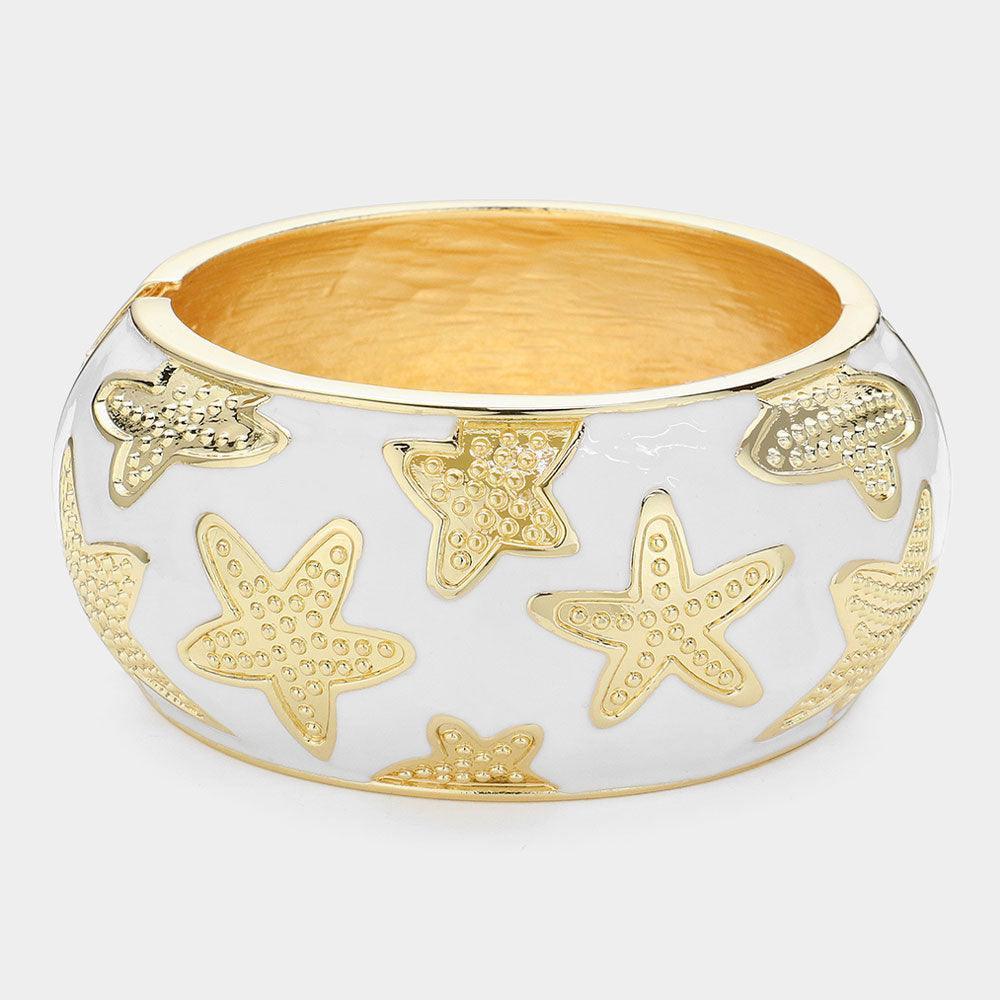 White Textured Metal Starfish Embellished Chunky Hinged Bangle Bracelet - Jewelry Store by Erik Rayo