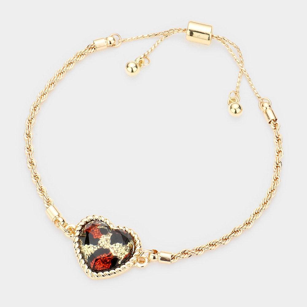 Leopard Glittered Heart Pull Tie Cinch Charm Bracelet - Jewelry Store by Erik Rayo