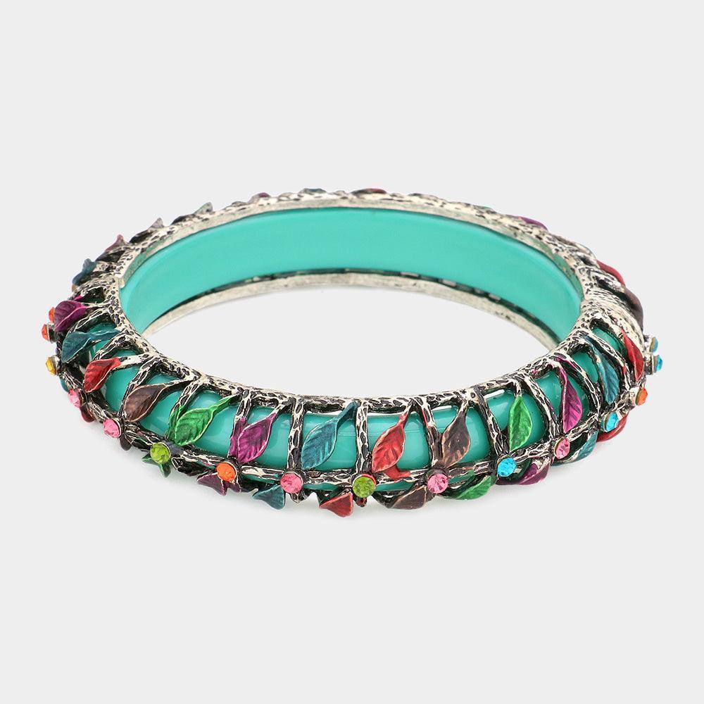 Turquoise Metal Leaf Tube Bangle Bracelet - Jewelry Store by Erik Rayo