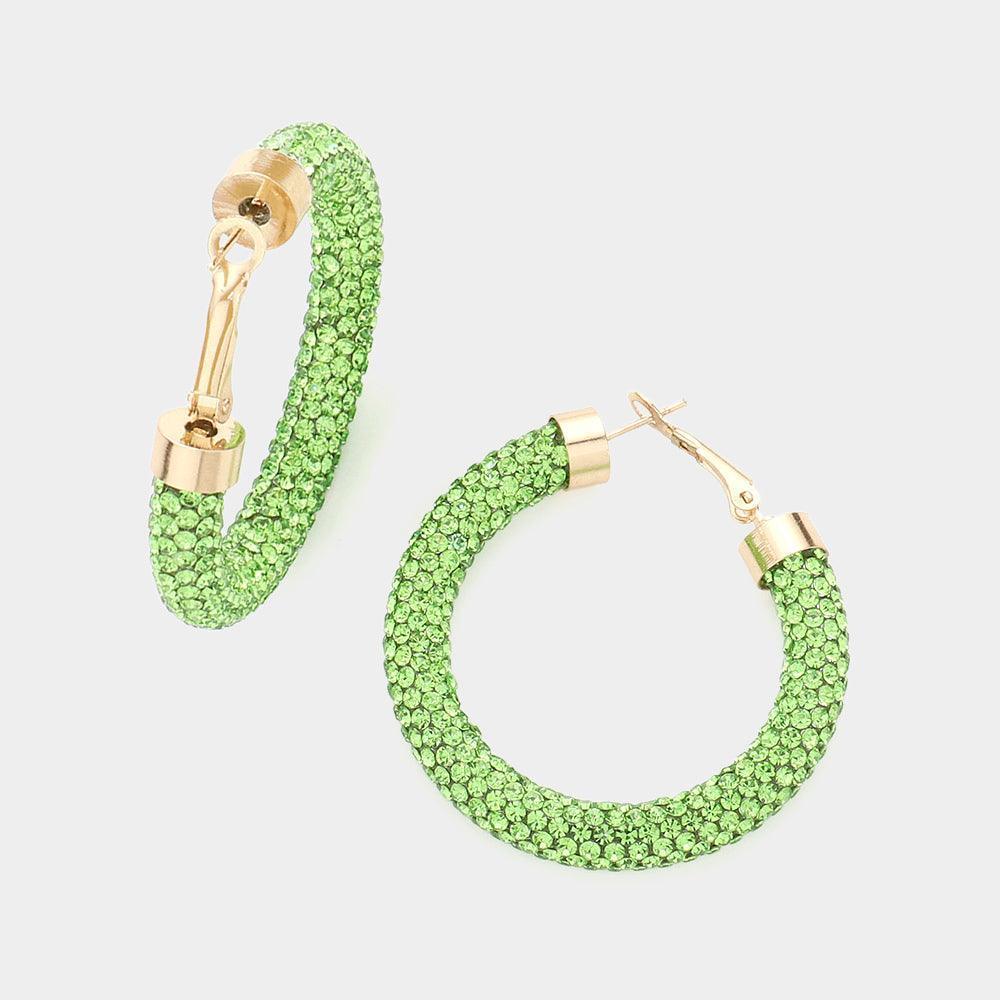 Green Clear Stone Detail Rhinestone Pave Half Hoop Earrings - Jewelry Store by Erik Rayo