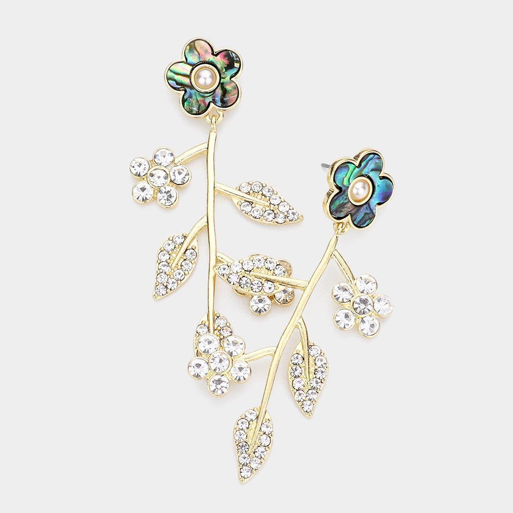 Abalone Flower Accented Brass Metal Leaf Dangle Earrings - Jewelry Store by Erik Rayo