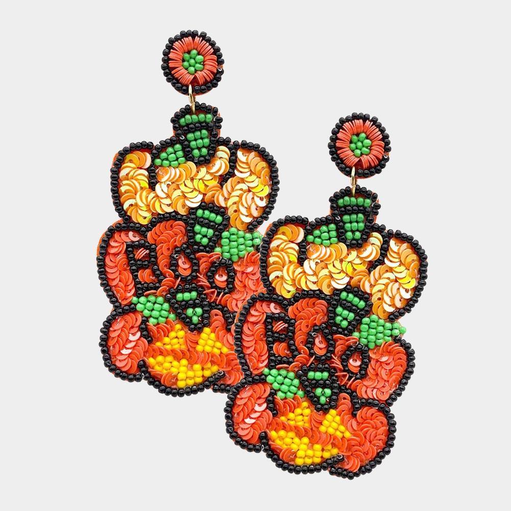 Orange Felt Back BOO Sequin Seed Beaded Triple Pumpkin Dangle Earrings - Jewelry Store by Erik Rayo