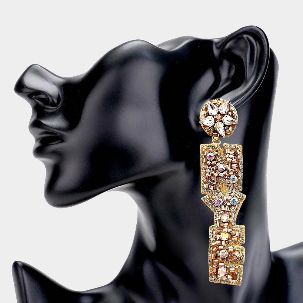 Gold NYE Felt Back Beaded Message Link Dangle Earrings - Jewelry Store by Erik Rayo