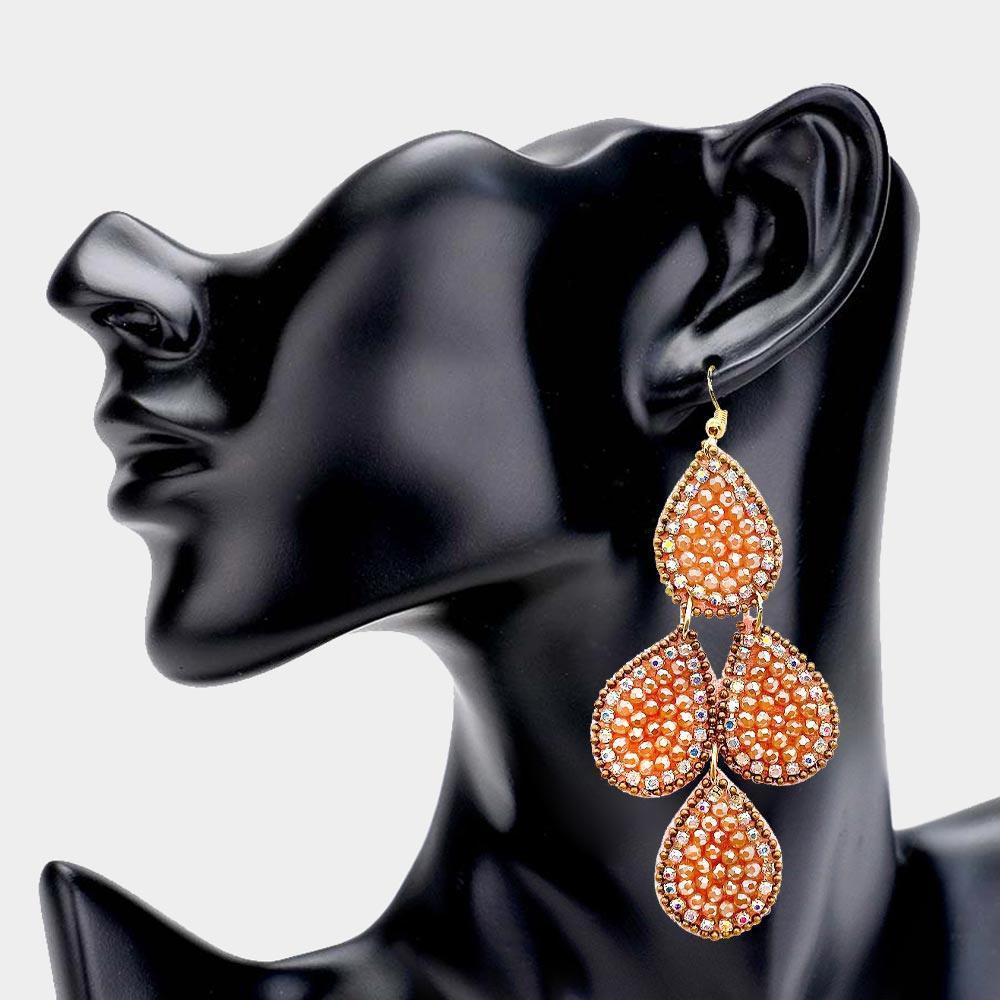 Rose Gold Felt Back Faceted Beaded Teardrop Link Dangle Earrings - Jewelry Store by Erik Rayo