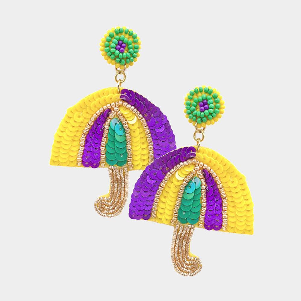 Felt Back Mardi Gras Sequin Umbrella Dangle Earrings - Jewelry Store by Erik Rayo
