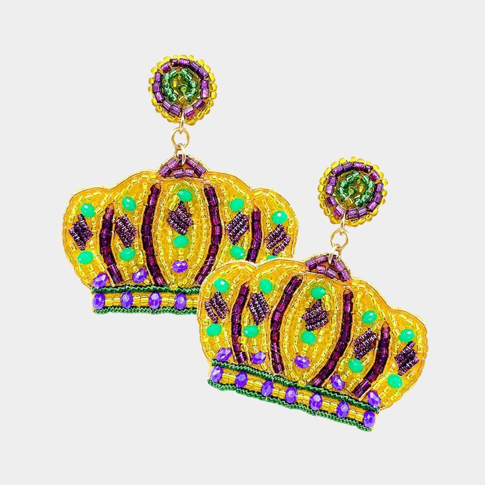 Felt Back Mardi Gras Multi Beaded Crown Dangle Earrings - Jewelry Store by Erik Rayo