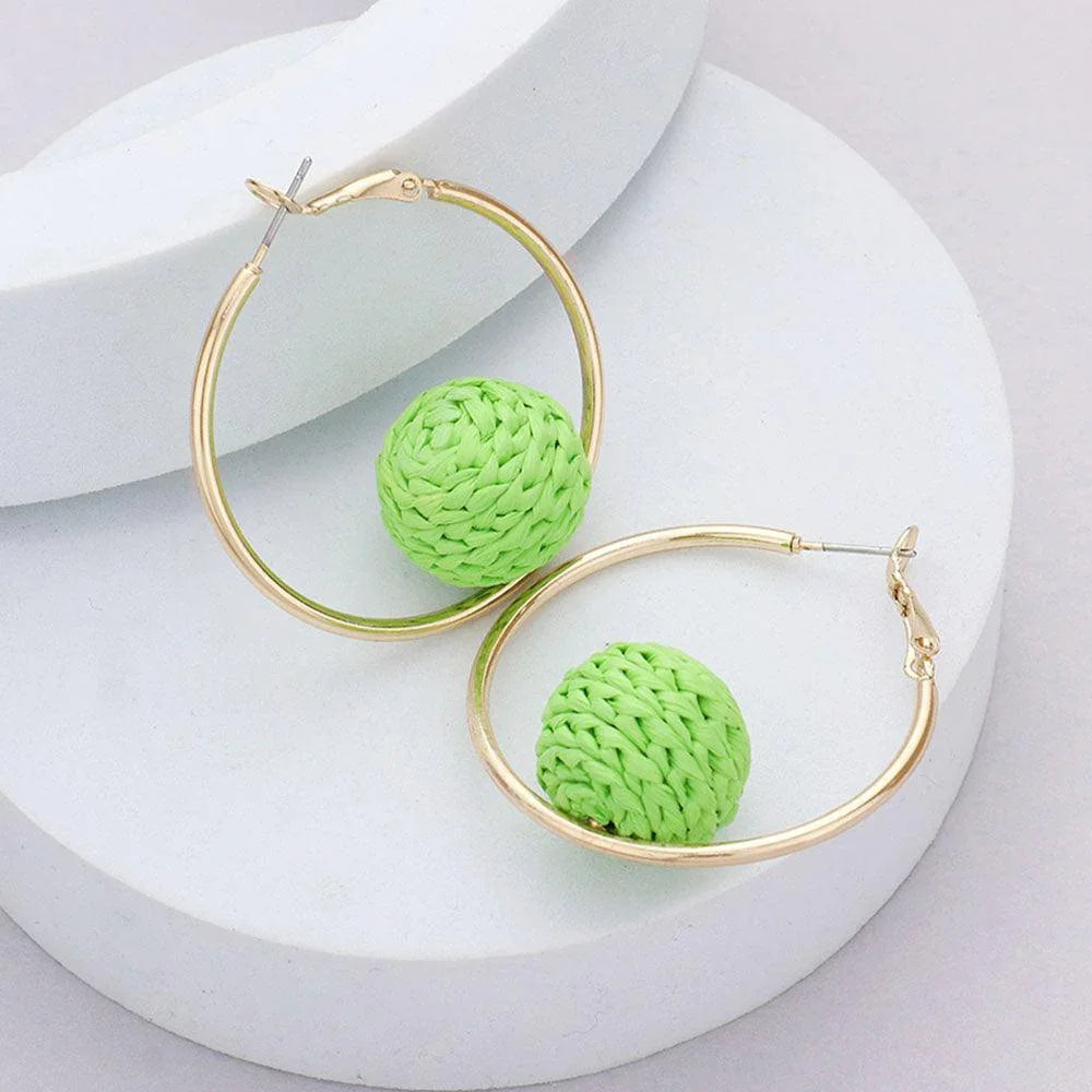 Green Raffia Wrapped Ball Pointed Metal Hoop Earrings - Jewelry Store by Erik Rayo