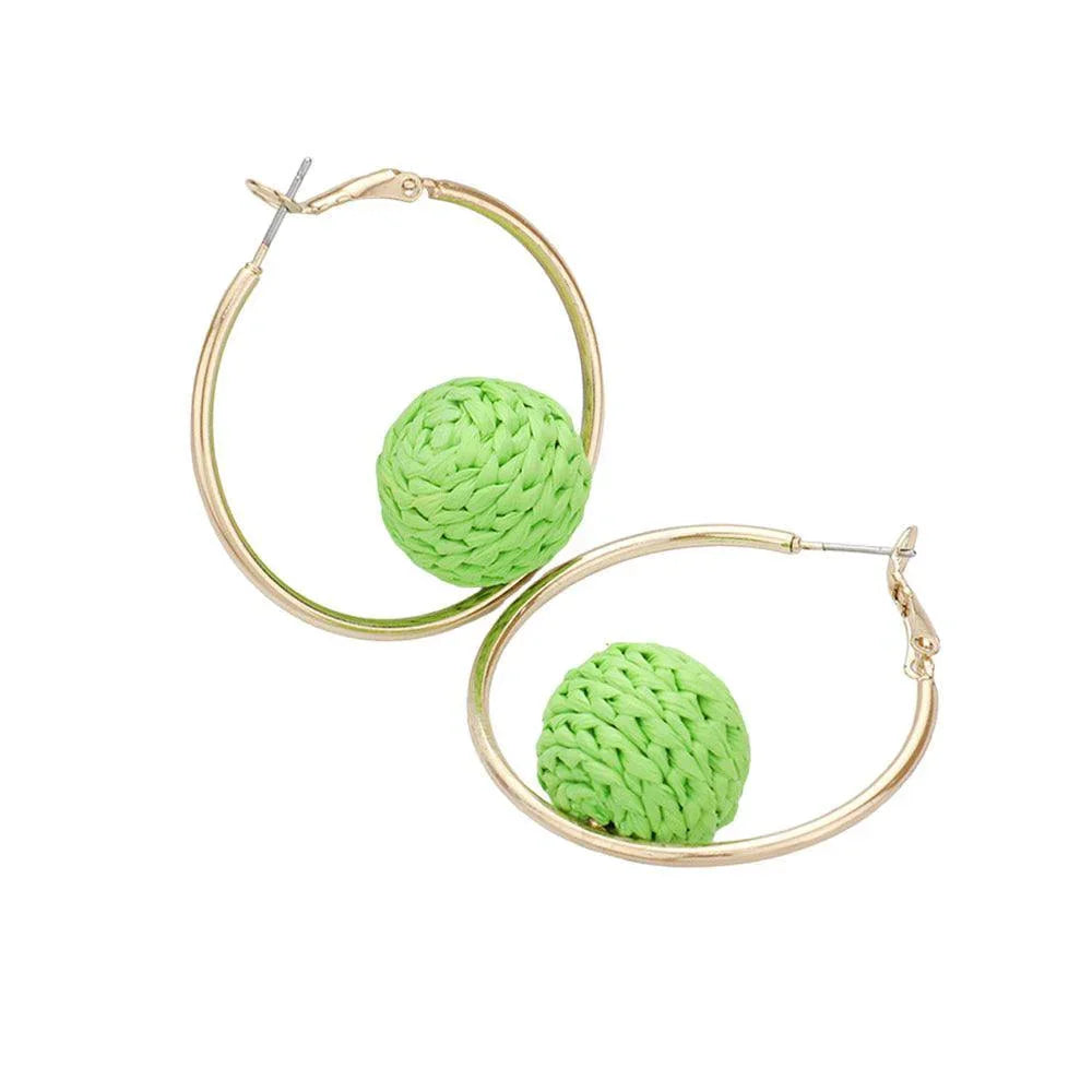 Green Raffia Wrapped Ball Pointed Metal Hoop Earrings - Jewelry Store by Erik Rayo